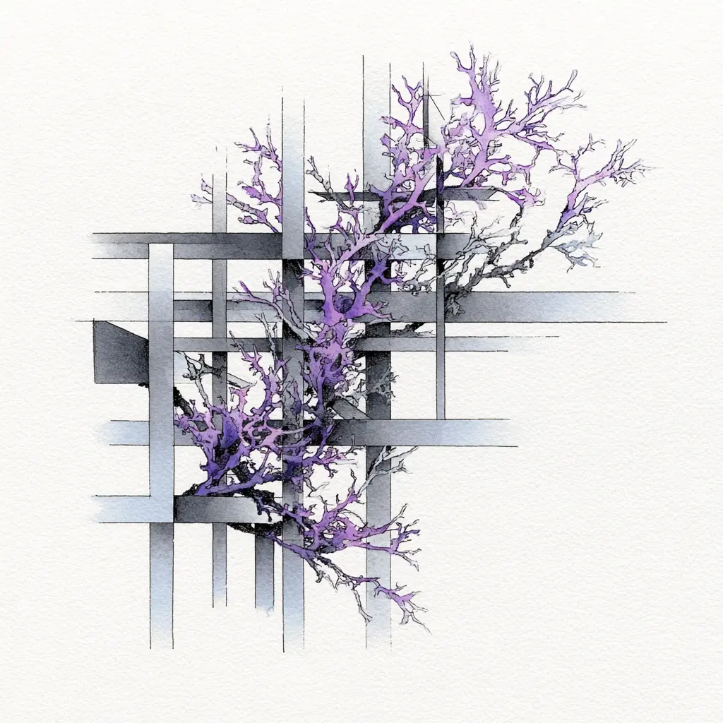 Tree growing through brutalist architecture — the metaphor fully realized